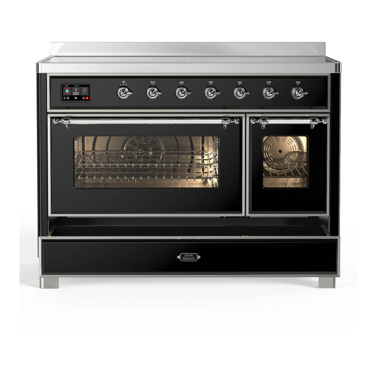 ILVE Majestic III 48-Inch Induction Range with 6 Induction Elements and Triple Glass Door Electric Oven in Glossy Black with Chrome Trim (UMIB48NR3BKC)