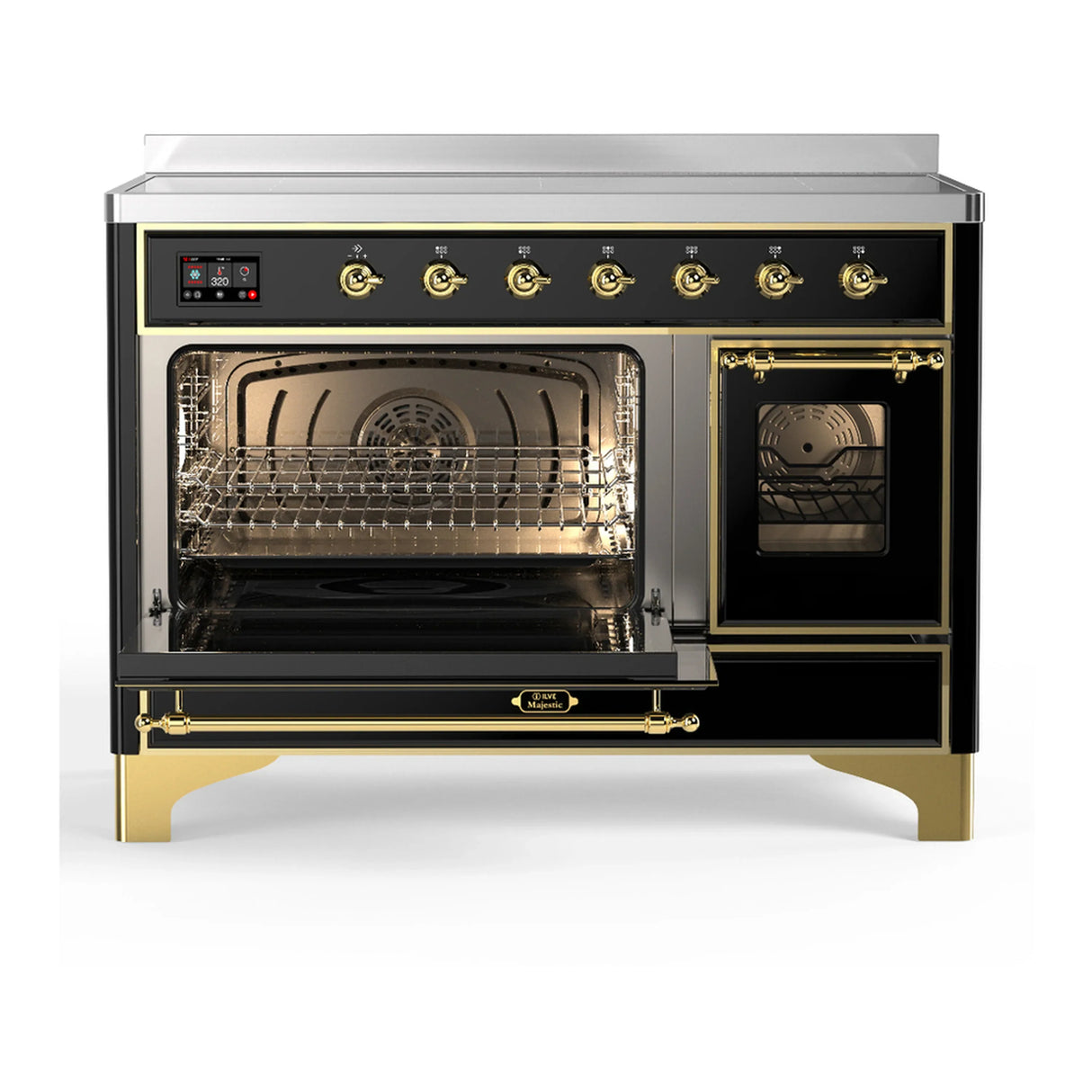ILVE Majestic III 48-Inch Induction Range with 6 Induction Elements and Triple Glass Door Electric Oven in Glossy Black with Brass Trim (UMIB48NR3BKG)
