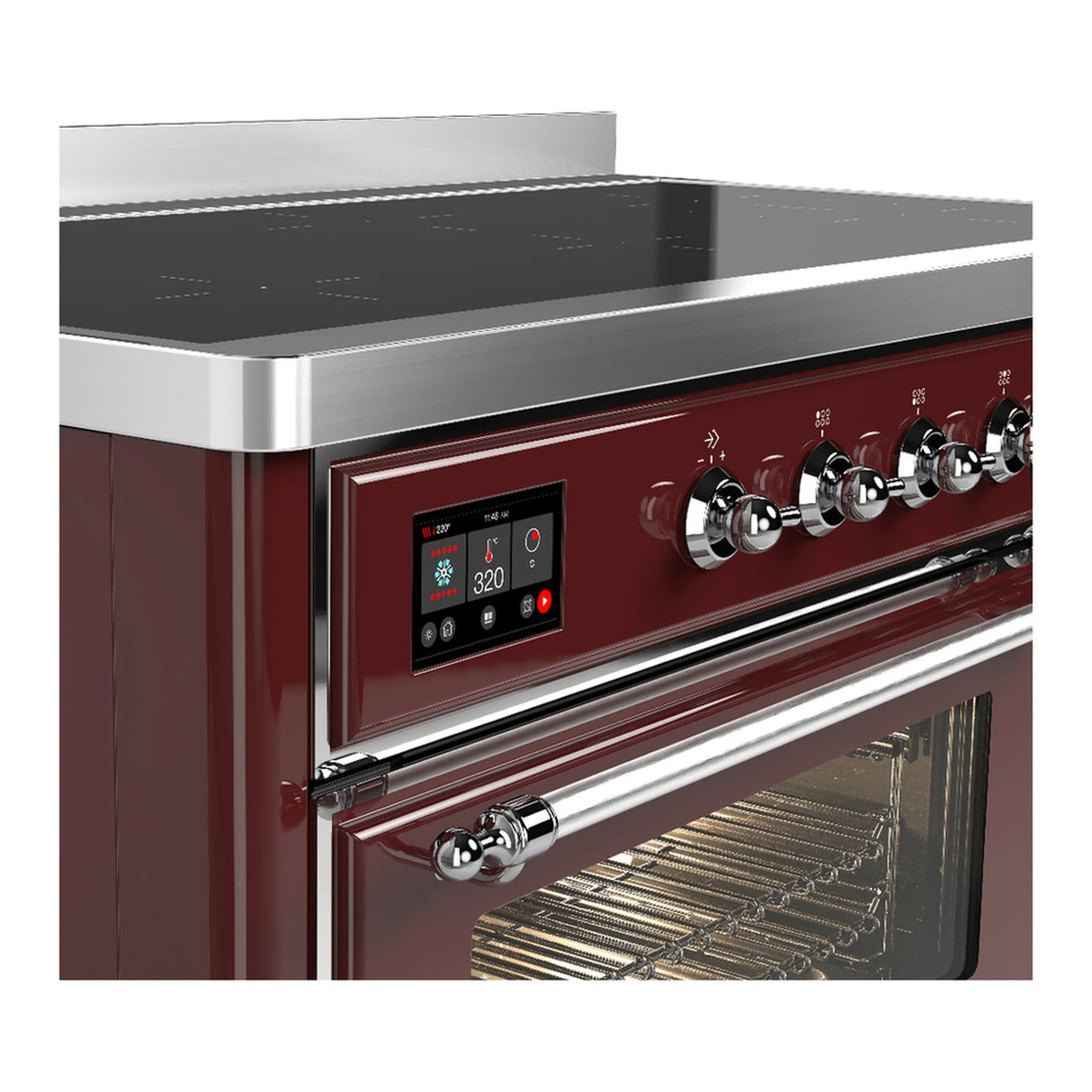 ILVE Majestic III 48-Inch Induction Range with 6 Induction Elements and Triple Glass Door Electric Oven in Burgundy with Chrome Trim (UMIB48NR3BUC)