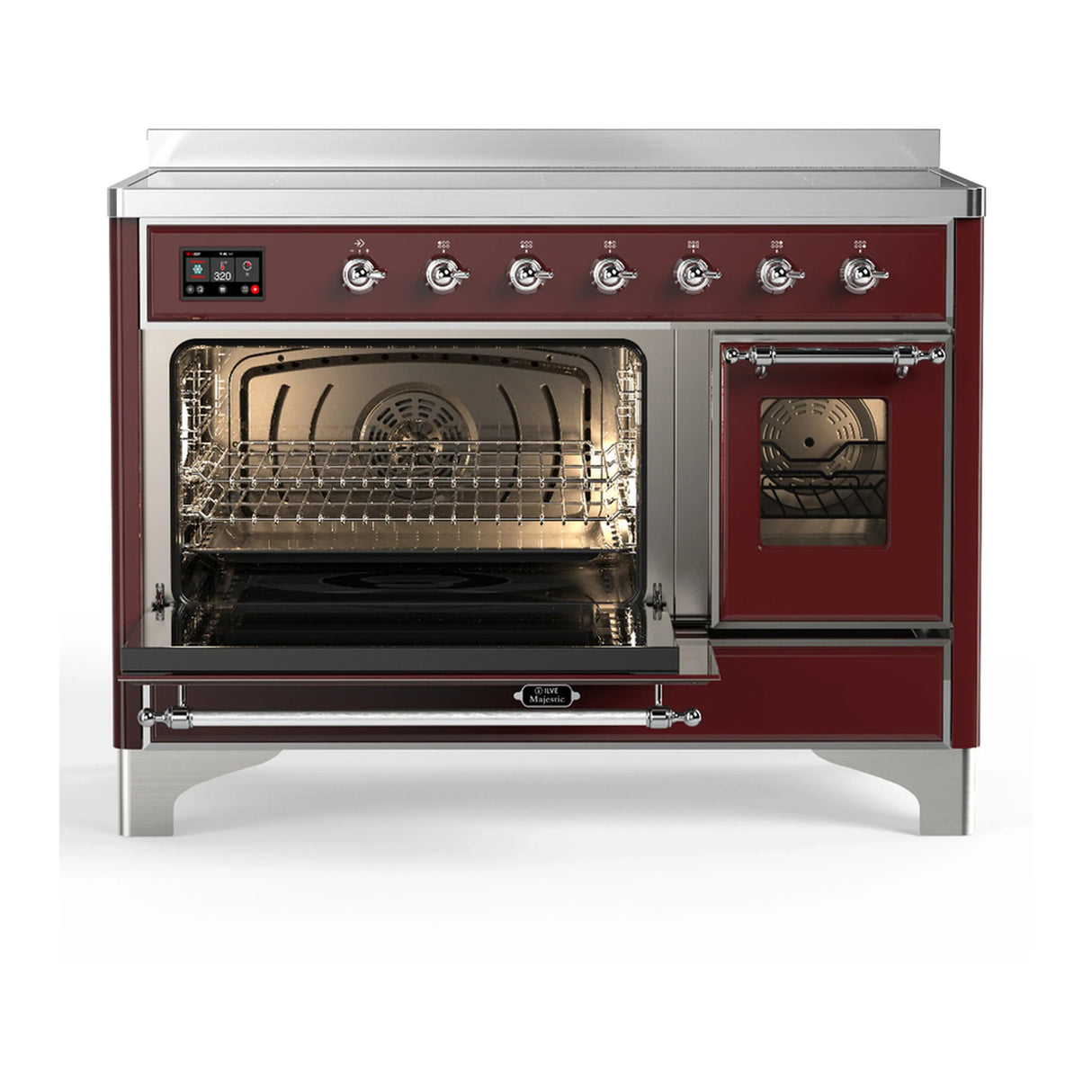 ILVE Majestic III 48-Inch Induction Range with 6 Induction Elements and Triple Glass Door Electric Oven in Burgundy with Chrome Trim (UMIB48NR3BUC)
