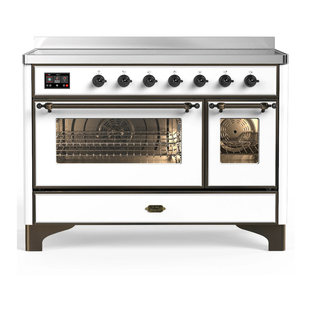 ILVE Majestic III 48-Inch Induction Range with 6 Induction Elements and Triple Glass Door Electric Oven in White with Burnished Trim (UMIB48NR3WHB)