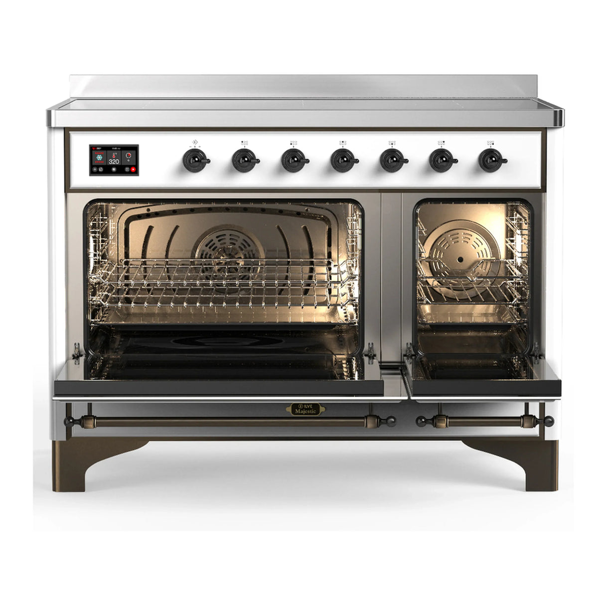 ILVE Majestic III 48-Inch Induction Range with 6 Induction Elements and Triple Glass Door Electric Oven in White with Burnished Trim (UMIB48NR3WHB)