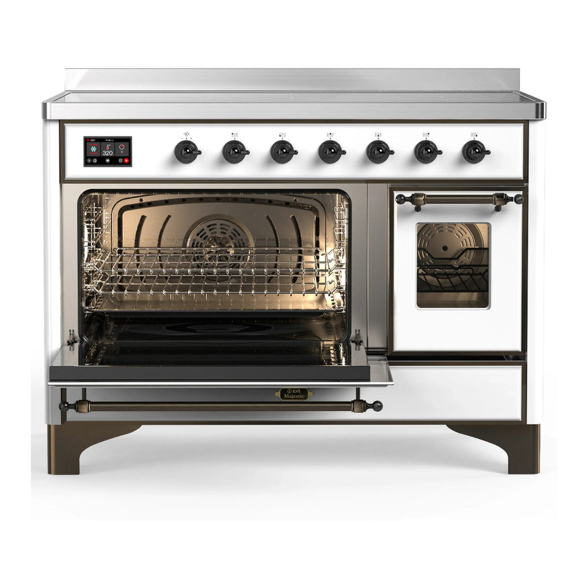ILVE Majestic III 48-Inch Induction Range with 6 Induction Elements and Triple Glass Door Electric Oven in White with Burnished Trim (UMIB48NR3WHB)