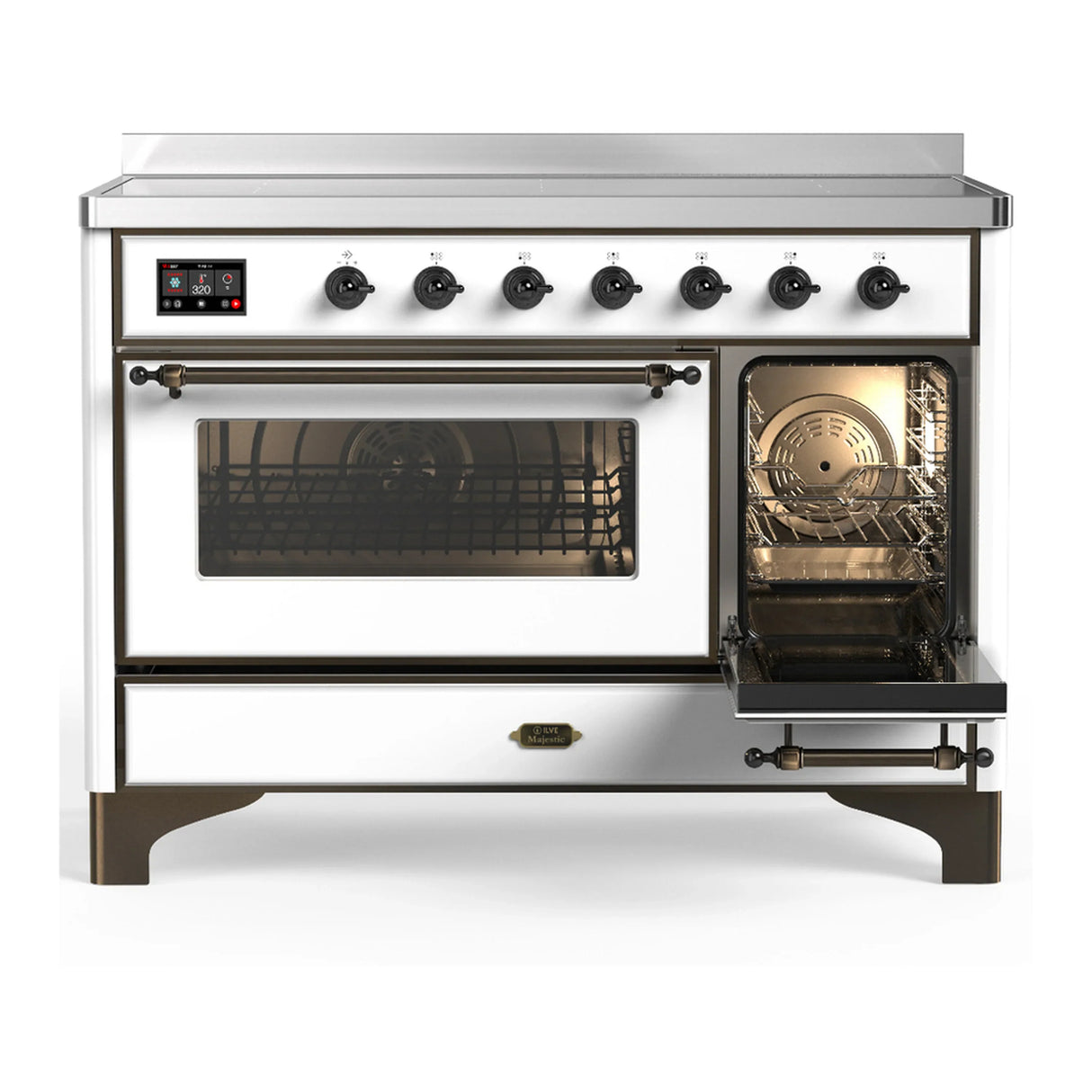 ILVE Majestic III 48-Inch Induction Range with 6 Induction Elements and Triple Glass Door Electric Oven in White with Burnished Trim (UMIB48NR3WHB)