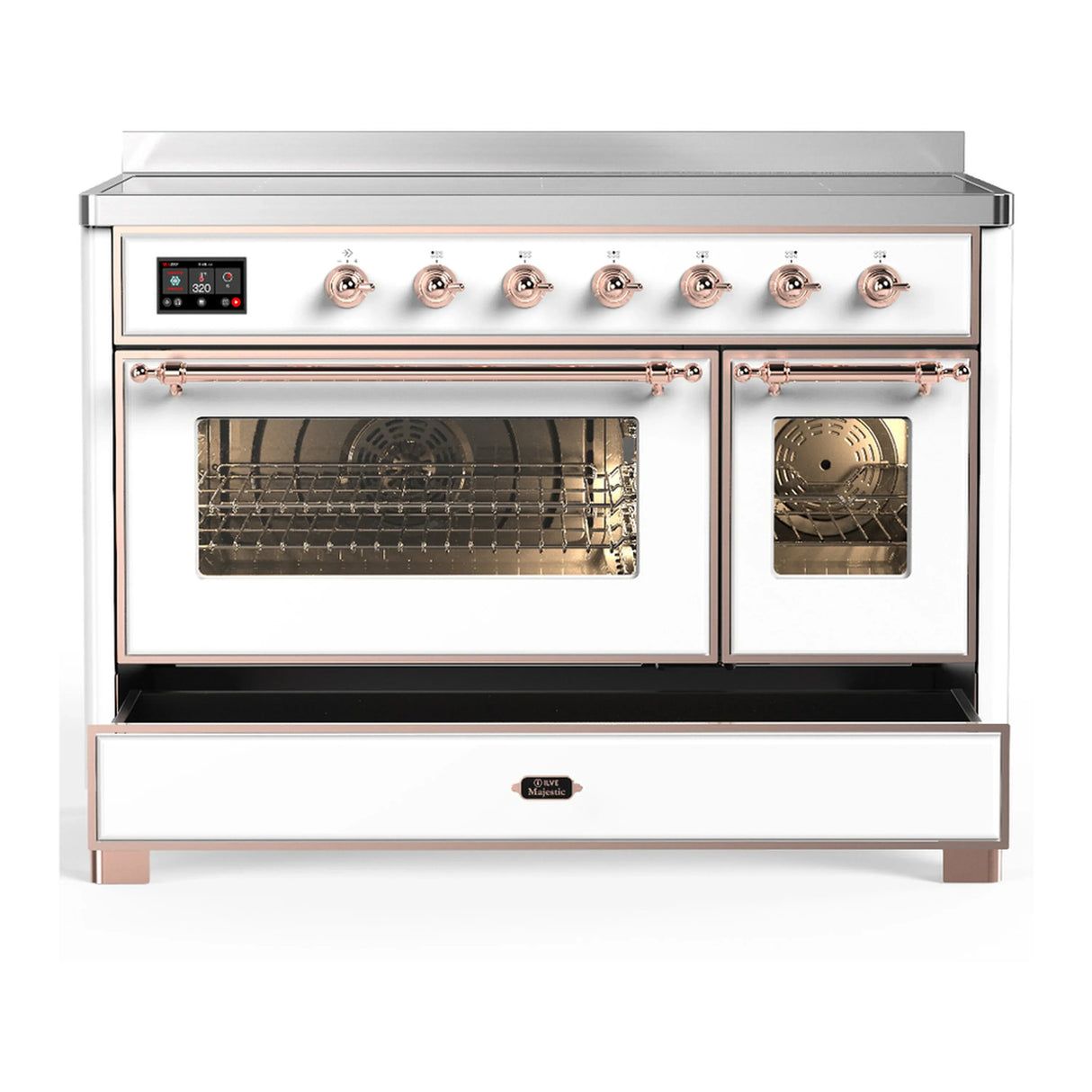 ILVE Majestic III 48-Inch Induction Range with 6 Induction Elements and Triple Glass Door Electric Oven in White with Copper Trim (UMIB48NR3WHP)