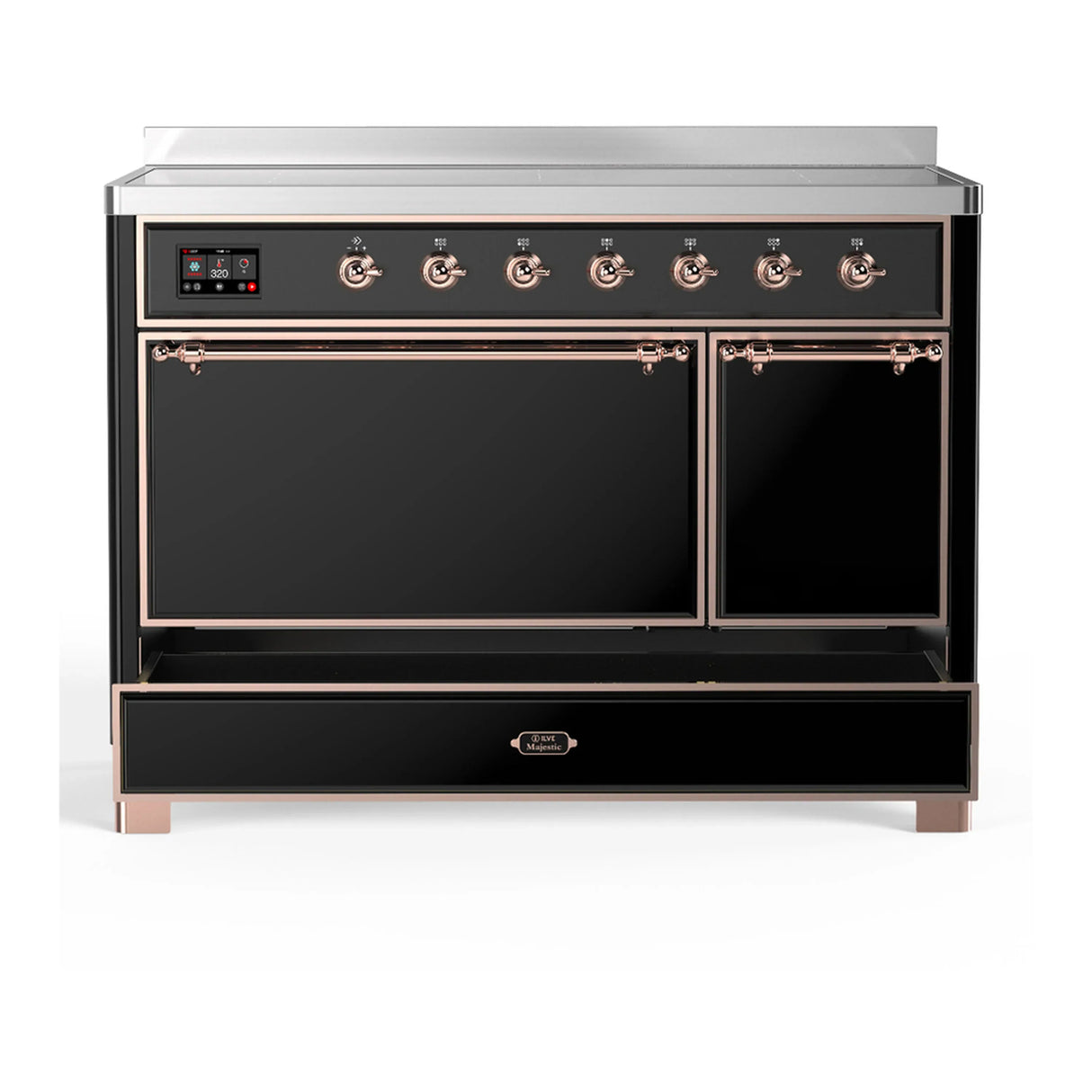 ILVE Majestic III 48-Inch Induction Range with 6 Induction Elements and Solid Door Electric Oven in Glossy Black with Copper Trim (UMIB48QNR3BKP)
