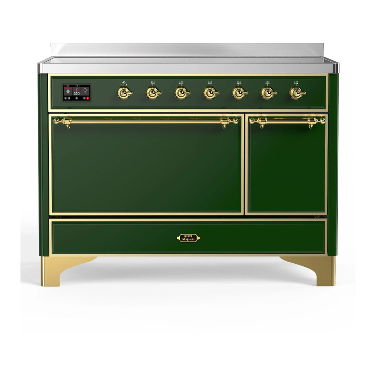 ILVE Majestic III 48-Inch Induction Range with 6 Induction Elements and Solid Door Electric Oven in Emerald Green with Brass Trim (UMIB48QNR3EGG)