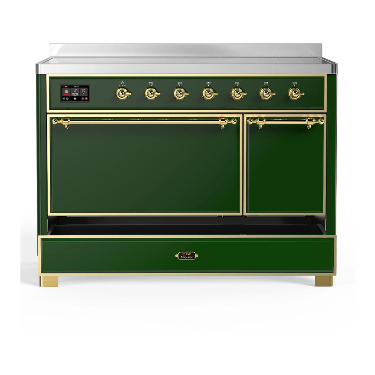 ILVE Majestic III 48-Inch Induction Range with 6 Induction Elements and Solid Door Electric Oven in Emerald Green with Brass Trim (UMIB48QNR3EGG)