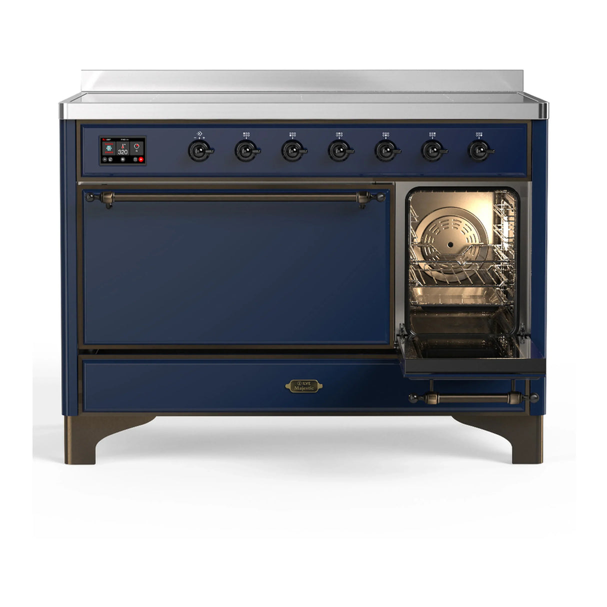 ILVE Majestic III 48-Inch Induction Range with 6 Induction Elements and Solid Door Electric Oven in Mightnight Blue with Burnished Trim (UMIB48QNR3MBB)