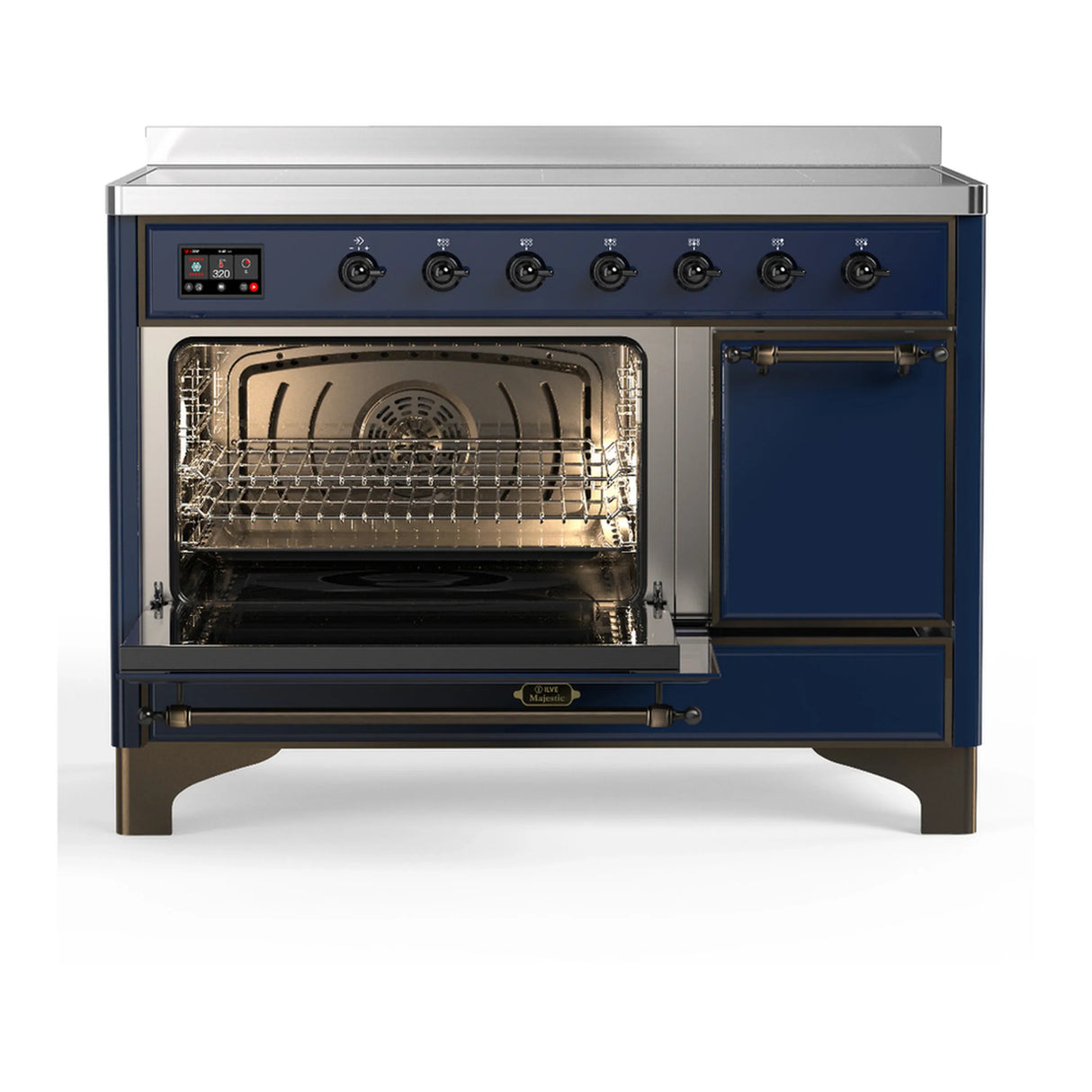 ILVE Majestic III 48-Inch Induction Range with 6 Induction Elements and Solid Door Electric Oven in Mightnight Blue with Burnished Trim (UMIB48QNR3MBB)