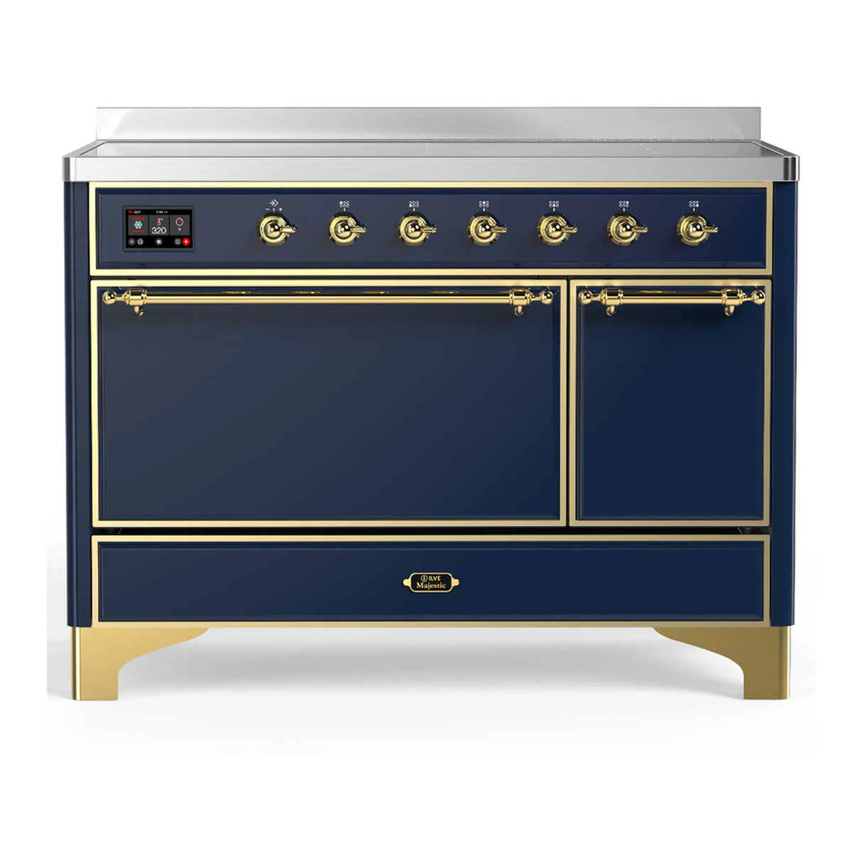 ILVE Majestic III 48-Inch Induction Range with 6 Induction Elements and Solid Door Electric Oven in Mightnight Blue with Brass Trim (UMIB48QNR3MBG)