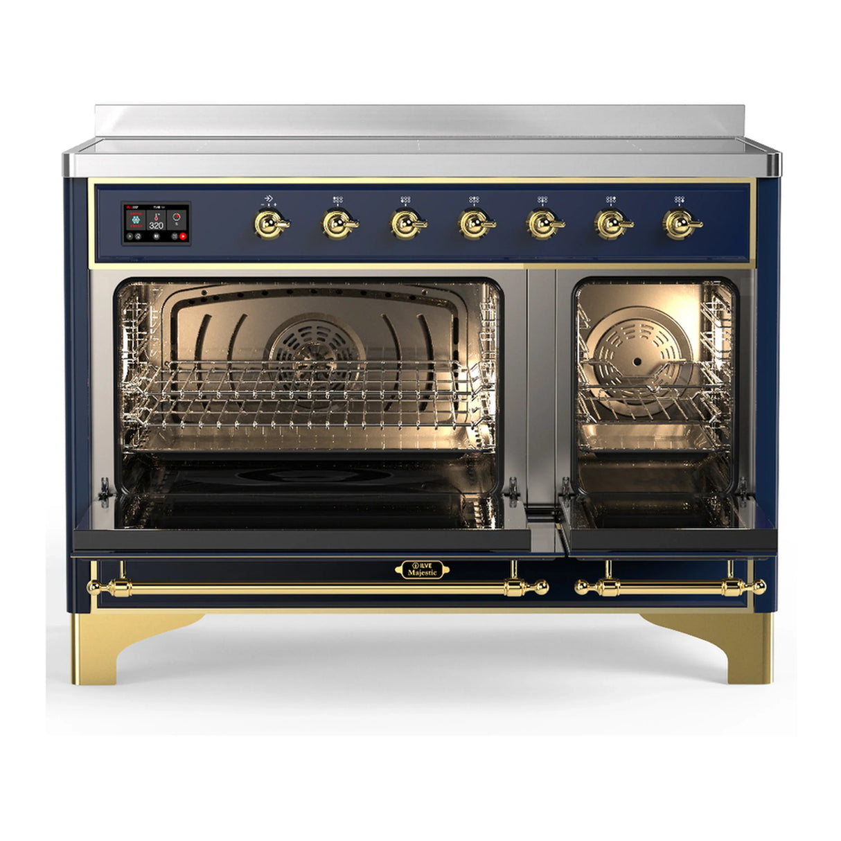 ILVE Majestic III 48-Inch Induction Range with 6 Induction Elements and Solid Door Electric Oven in Mightnight Blue with Brass Trim (UMIB48QNR3MBG)