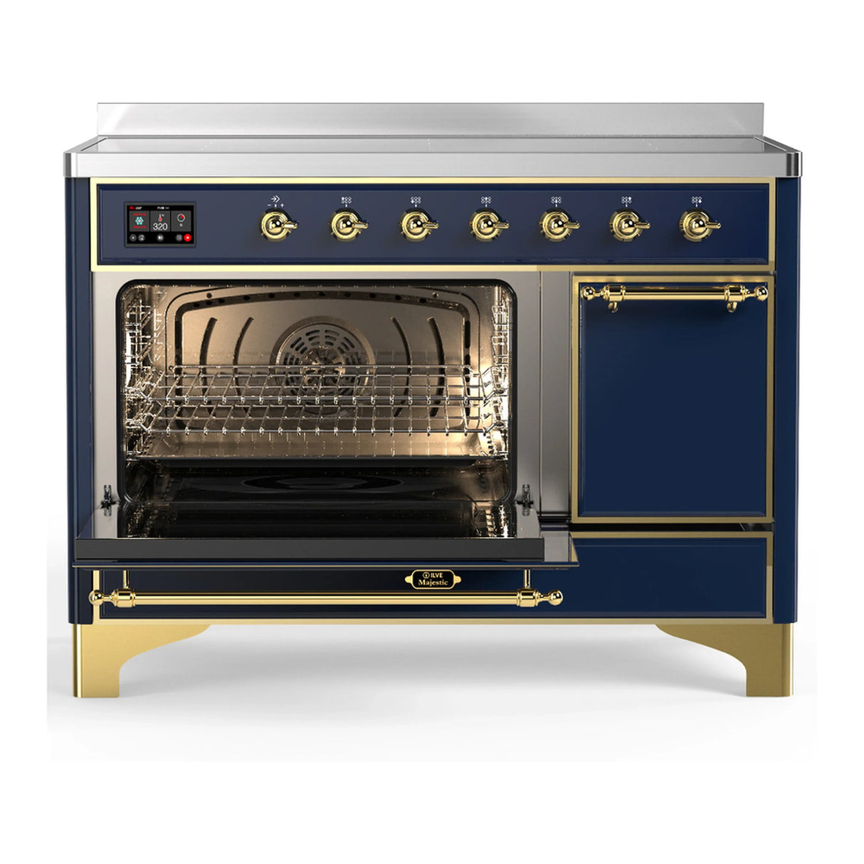 ILVE Majestic III 48-Inch Induction Range with 6 Induction Elements and Solid Door Electric Oven in Mightnight Blue with Brass Trim (UMIB48QNR3MBG)