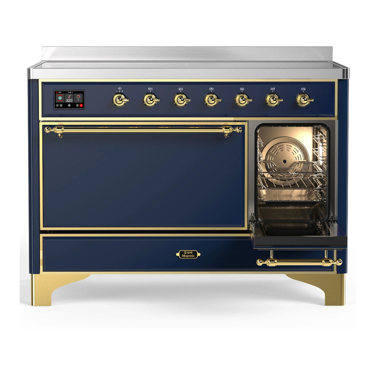 ILVE Majestic III 48-Inch Induction Range with 6 Induction Elements and Solid Door Electric Oven in Mightnight Blue with Brass Trim (UMIB48QNR3MBG)