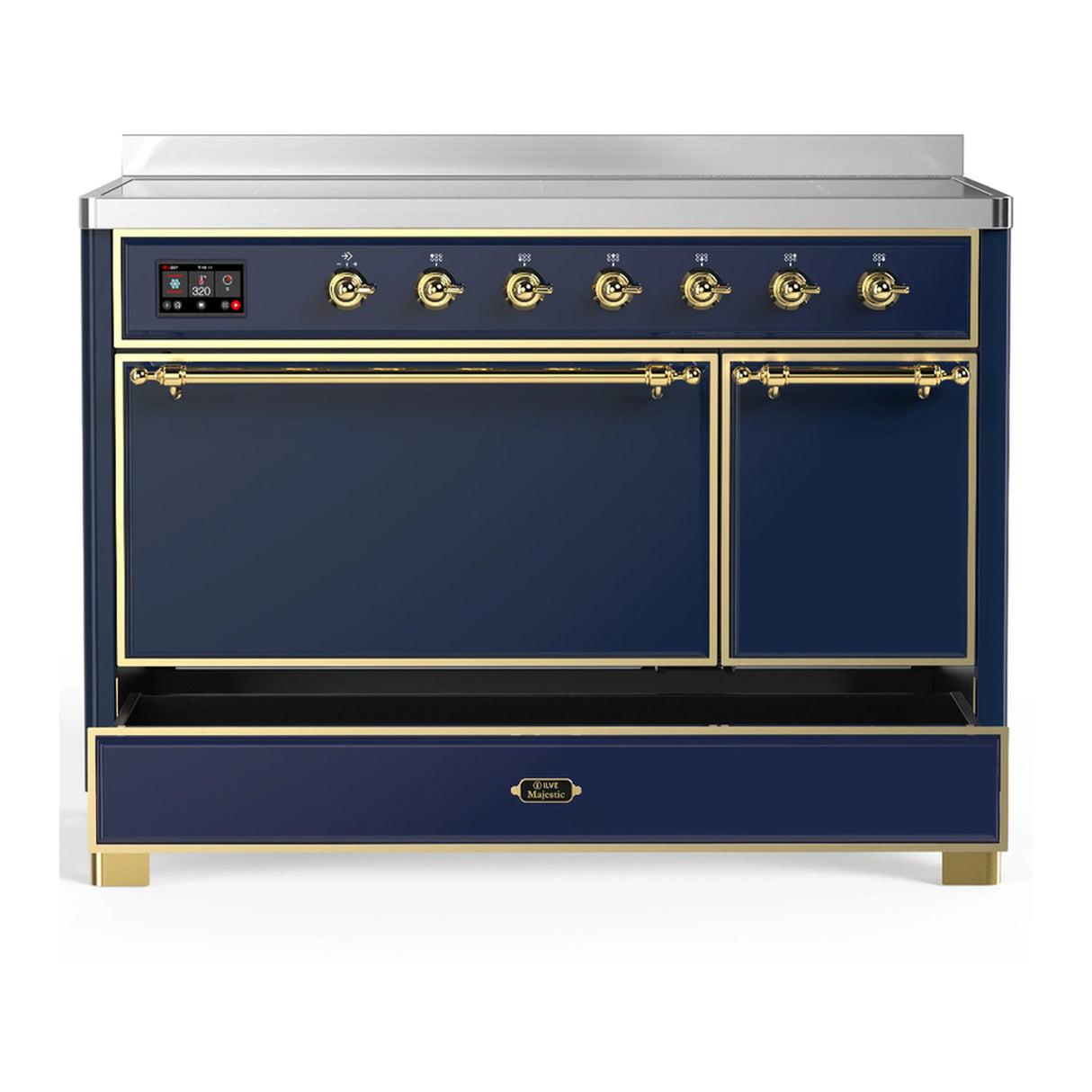 ILVE Majestic III 48-Inch Induction Range with 6 Induction Elements and Solid Door Electric Oven in Mightnight Blue with Brass Trim (UMIB48QNR3MBG)