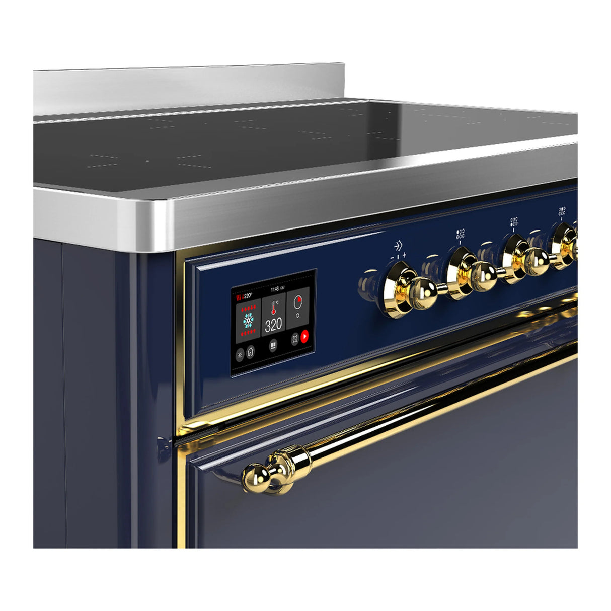 ILVE Majestic III 48-Inch Induction Range with 6 Induction Elements and Solid Door Electric Oven in Mightnight Blue with Brass Trim (UMIB48QNR3MBG)