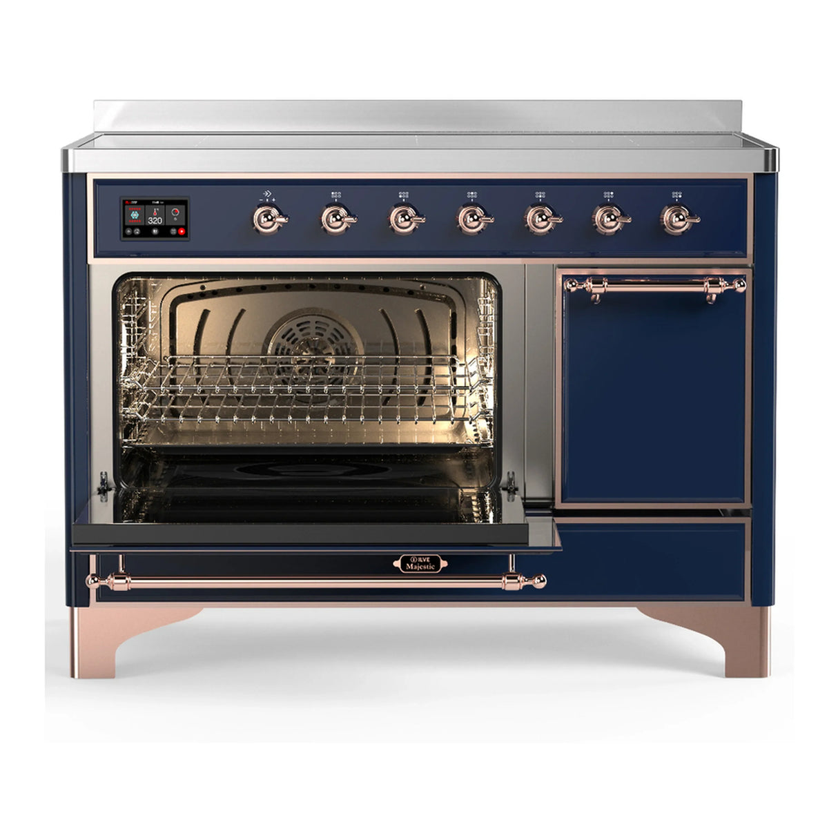 ILVE Majestic III 48-Inch Induction Range with 6 Induction Elements and Solid Door Electric Oven in Mightnight Blue with Copper Trim (UMIB48QNR3MBP)