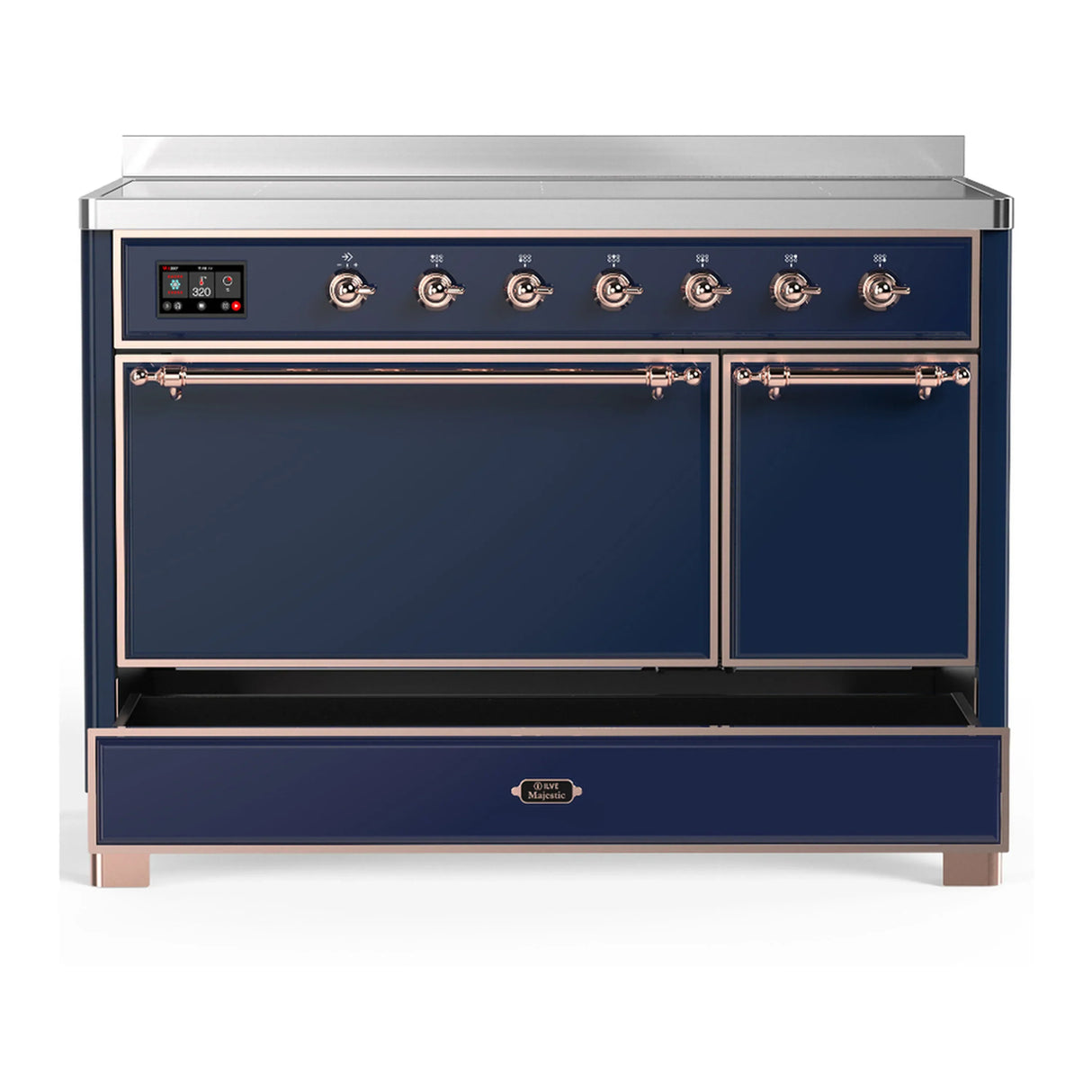 ILVE Majestic III 48-Inch Induction Range with 6 Induction Elements and Solid Door Electric Oven in Mightnight Blue with Copper Trim (UMIB48QNR3MBP)