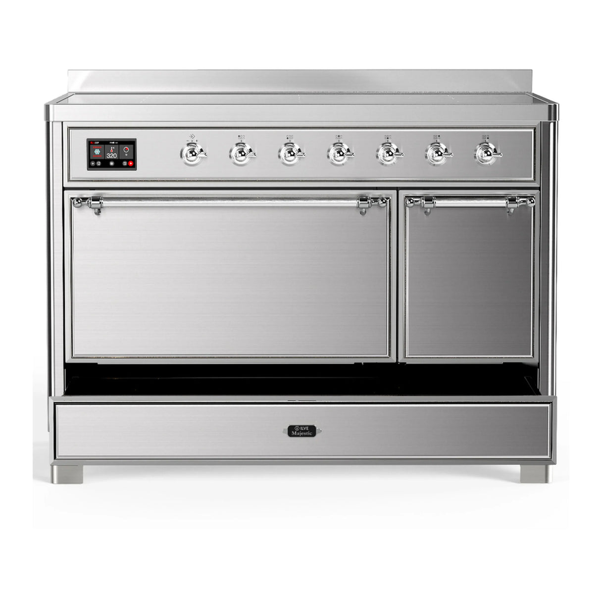 ILVE Majestic III 48-Inch Induction Range with 6 Induction Elements and Solid Door Electric Oven in Stainless Steel with Chrome Trim (UMIB48QNR3SSC)