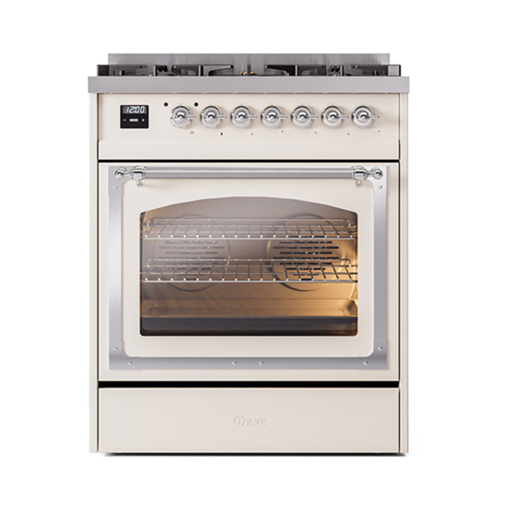ILVE Nostalgie II Noblesse 30-Inch Propane Gas Dual Fuel Range with Triple Glass Door in Antique White with Chrome Trim (UN30NMPAWCLP)