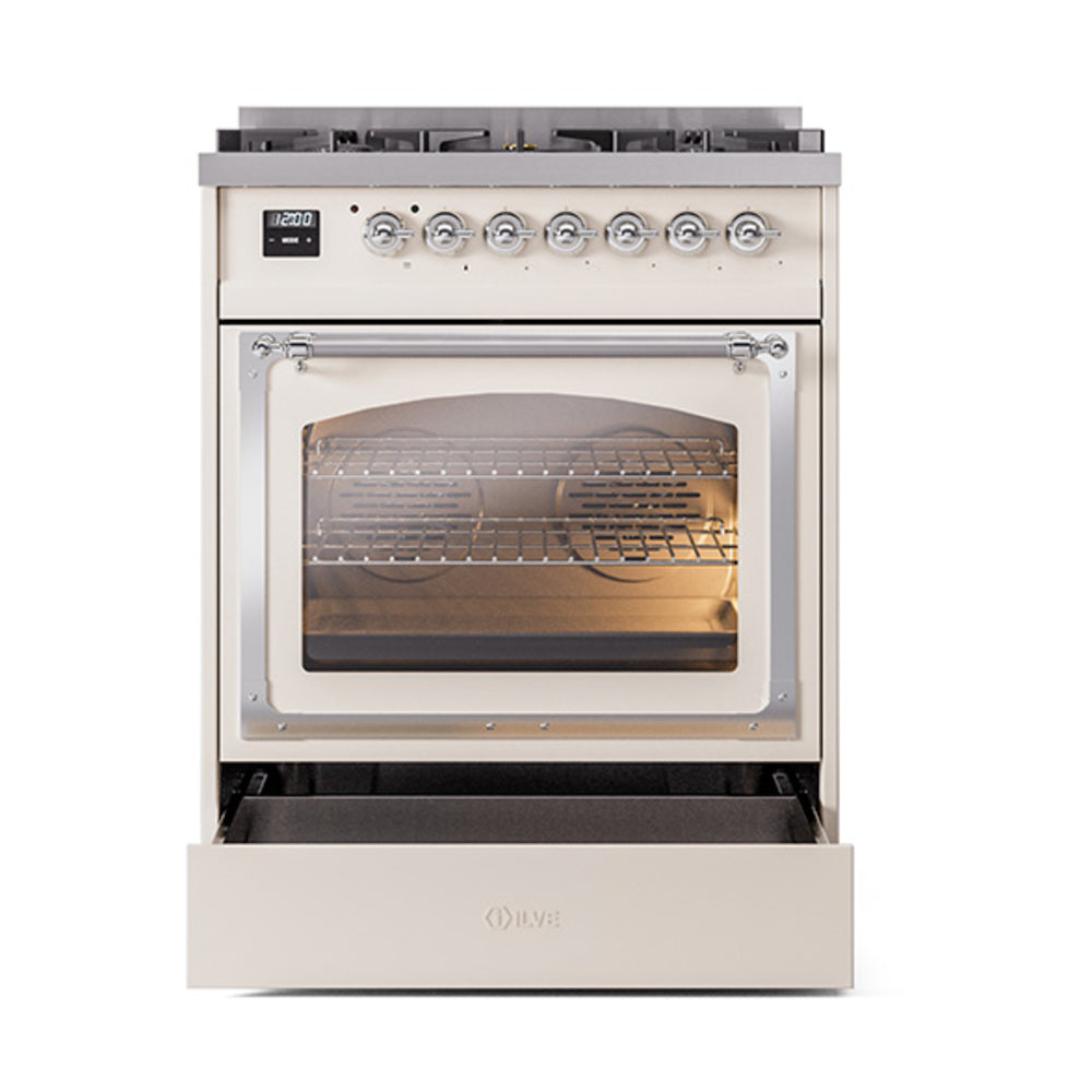 ILVE Nostalgie II Noblesse 30-Inch Propane Gas Dual Fuel Range with Triple Glass Door in Antique White with Chrome Trim (UN30NMPAWCLP)
