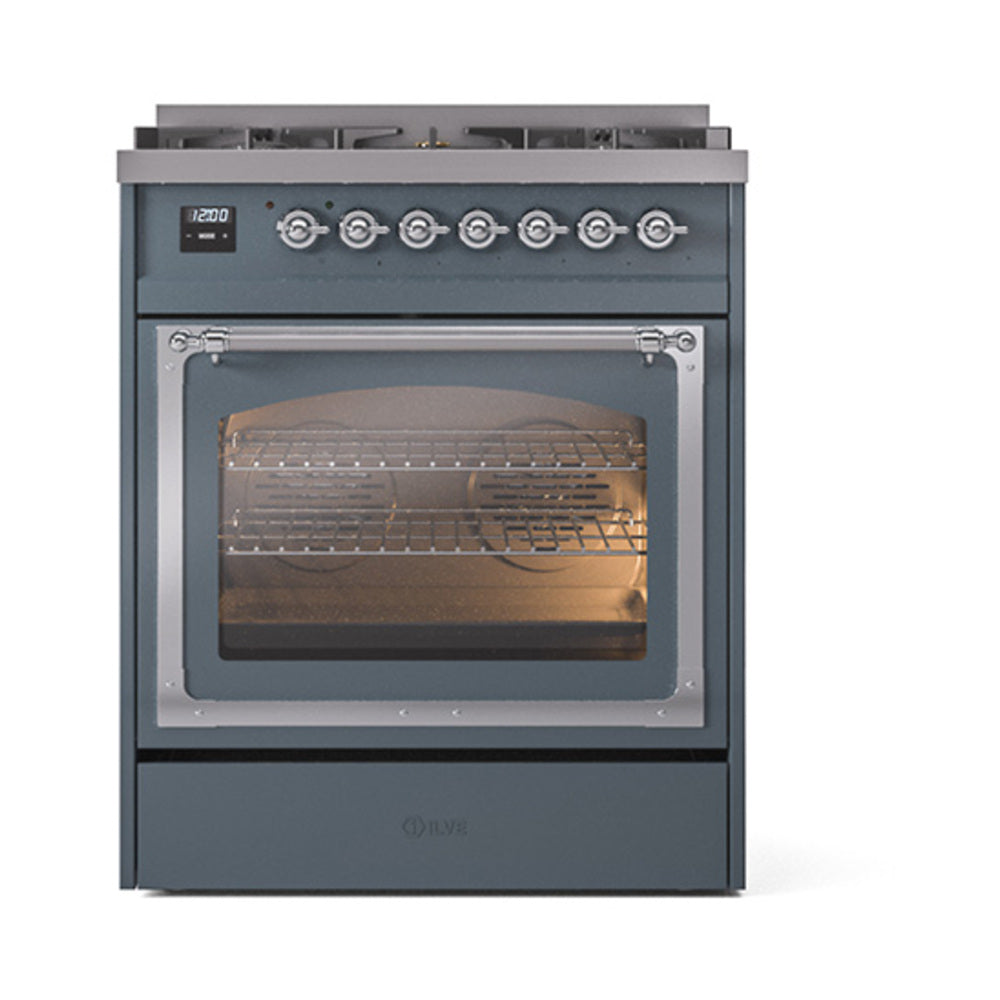 ILVE Nostalgie II Noblesse 30-Inch Natural Gas Dual Fuel Range with Triple Glass Door in Blue Grey with Chrome Trim (UN30NMPBGC)