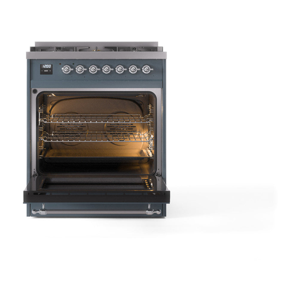 ILVE Nostalgie II Noblesse 30-Inch Natural Gas Dual Fuel Range with Triple Glass Door in Blue Grey with Chrome Trim (UN30NMPBGC)