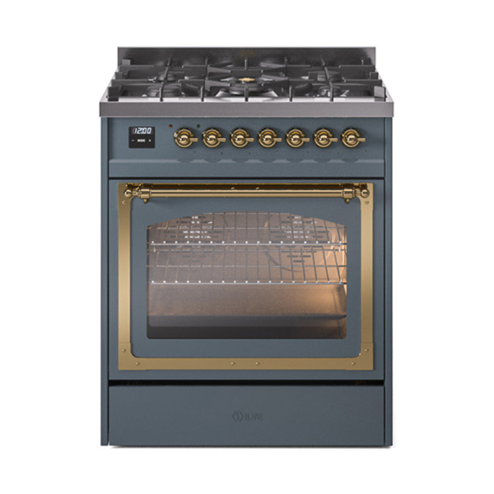 ILVE Nostalgie II Noblesse 30-Inch Propane Gas Dual Fuel Range with Triple Glass Door in Blue Grey with Brass Trim (UN30NMPBGGLP)
