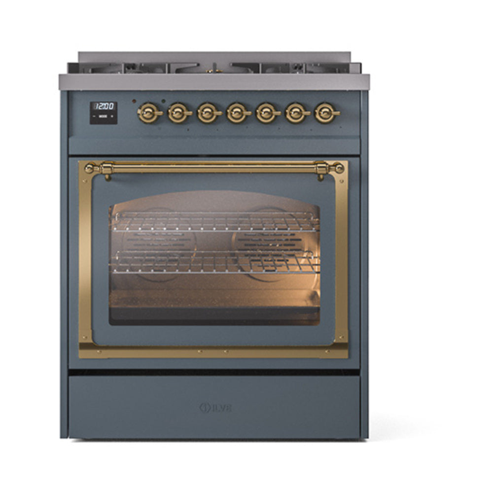 ILVE Nostalgie II Noblesse 30-Inch Natural Gas Dual Fuel Range with Triple Glass Door in Blue Grey with Brass Trim (UN30NMPBGG)