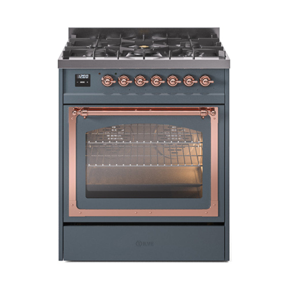 ILVE Nostalgie II Noblesse 30-Inch Natural Gas Dual Fuel Range with Triple Glass Door in Blue Grey with Copper Trim (UN30NMPBGP)
