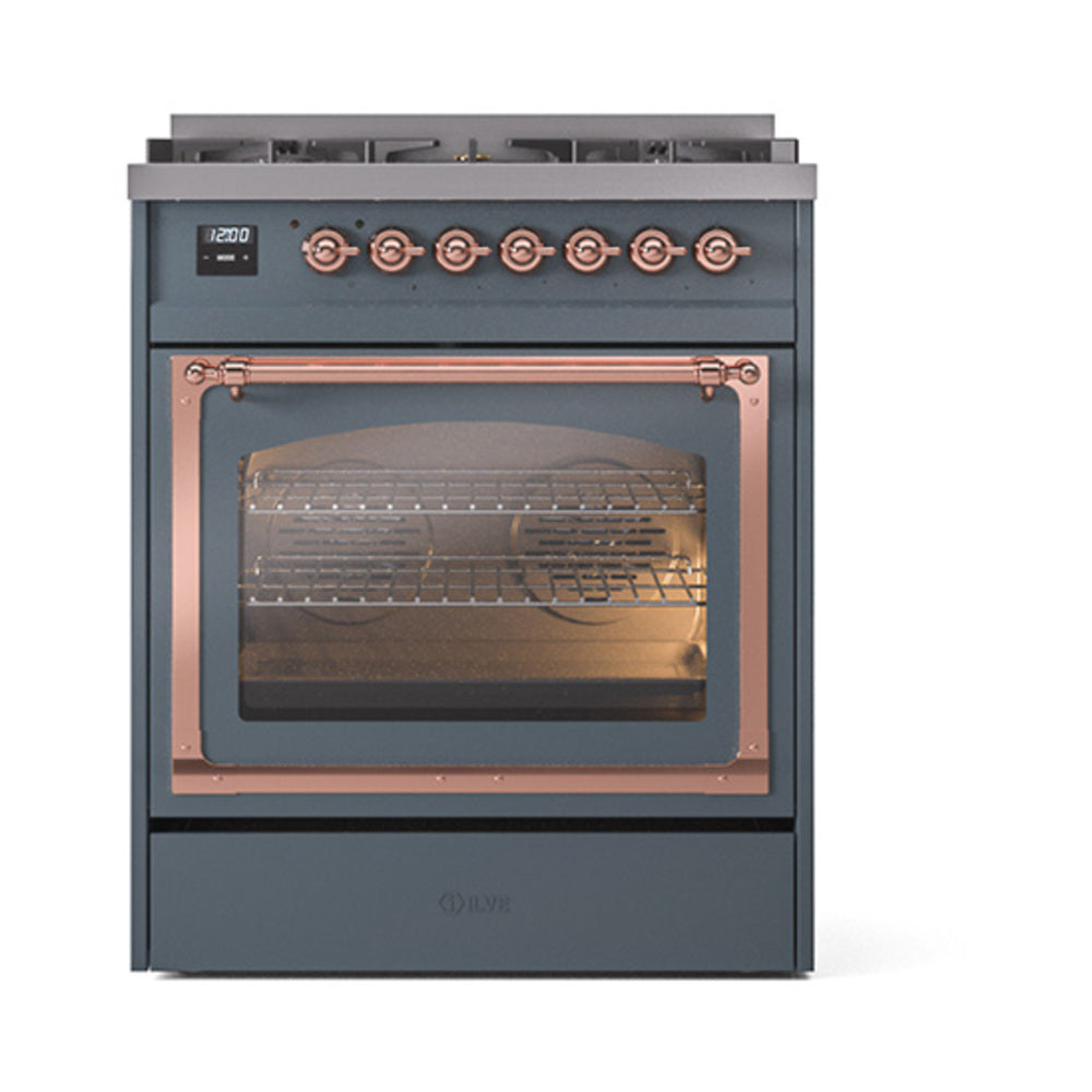 ILVE Nostalgie II Noblesse 30-Inch Natural Gas Dual Fuel Range with Triple Glass Door in Blue Grey with Copper Trim (UN30NMPBGP)