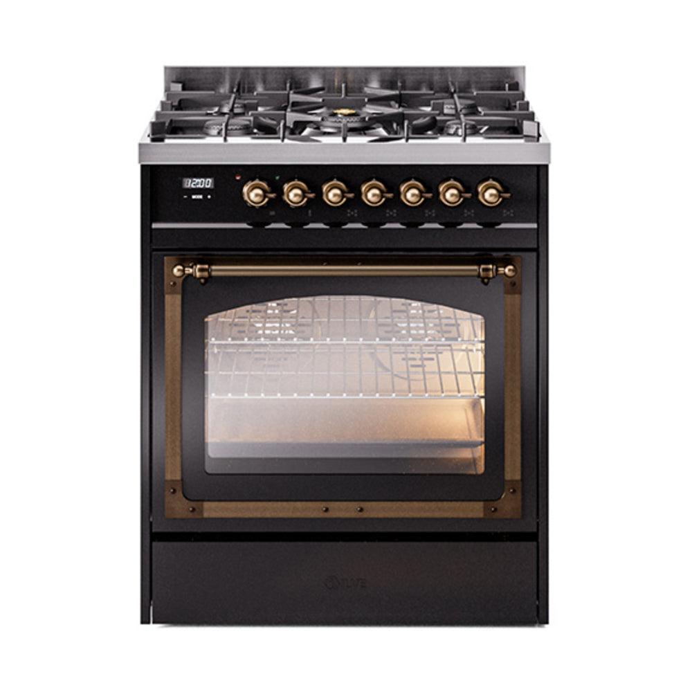 ILVE Nostalgie II Noblesse 30-Inch Propane Gas Dual Fuel Range with Triple Glass Door in Glossy Black with Bronze Trim (UN30NMPBKBLP)