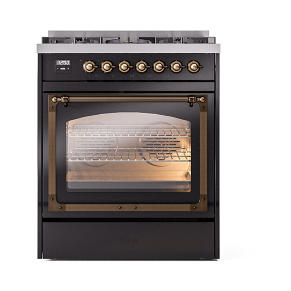 ILVE Nostalgie II Noblesse 30-Inch Propane Gas Dual Fuel Range with Triple Glass Door in Glossy Black with Bronze Trim (UN30NMPBKBLP)