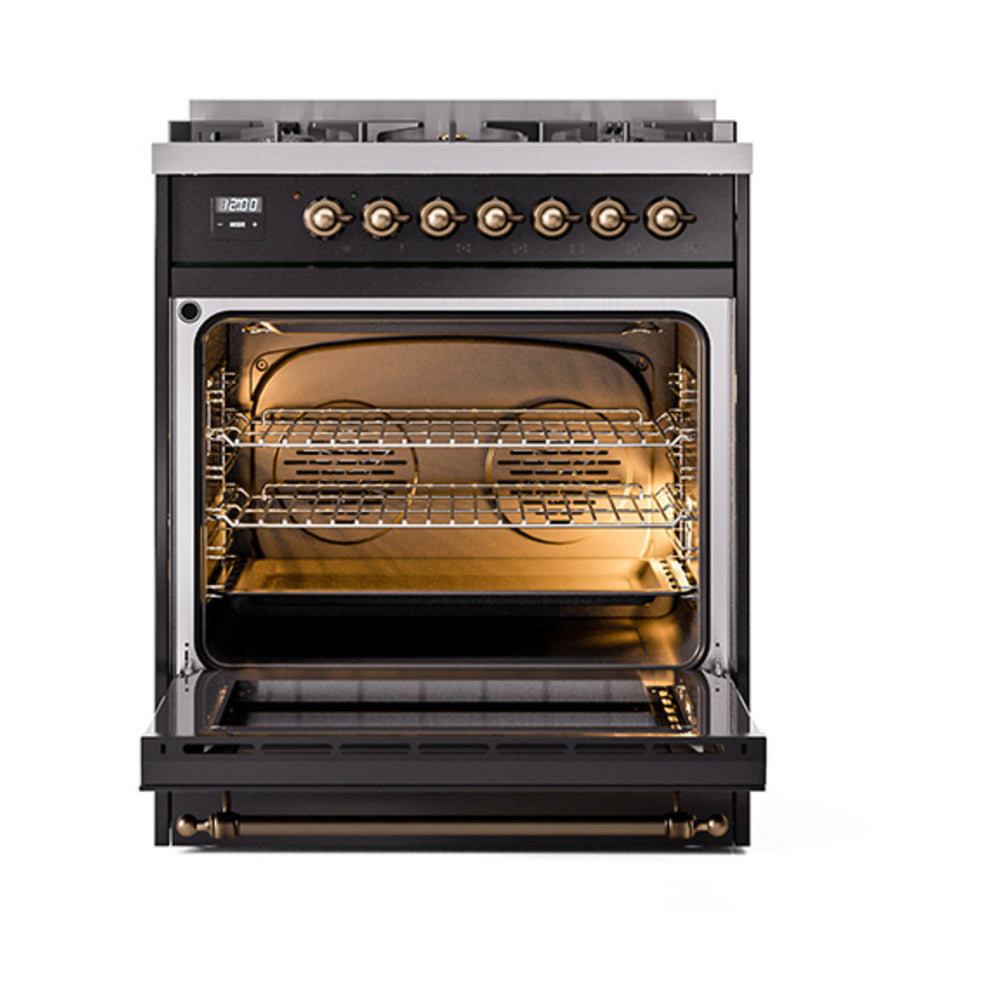 ILVE Nostalgie II Noblesse 30-Inch Natural Gas Dual Fuel Range with Triple Glass Door in Glossy Black with Bronze Trim (UN30NMPBKB)