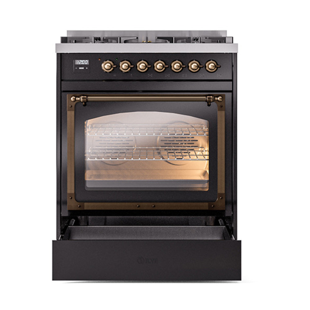 ILVE Nostalgie II Noblesse 30-Inch Propane Gas Dual Fuel Range with Triple Glass Door in Glossy Black with Bronze Trim (UN30NMPBKBLP)