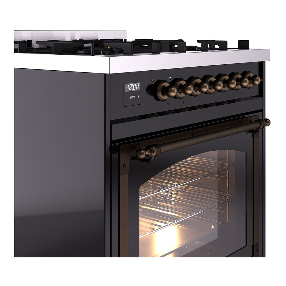ILVE Nostalgie II Noblesse 30-Inch Propane Gas Dual Fuel Range with Triple Glass Door in Glossy Black with Bronze Trim (UN30NMPBKBLP)