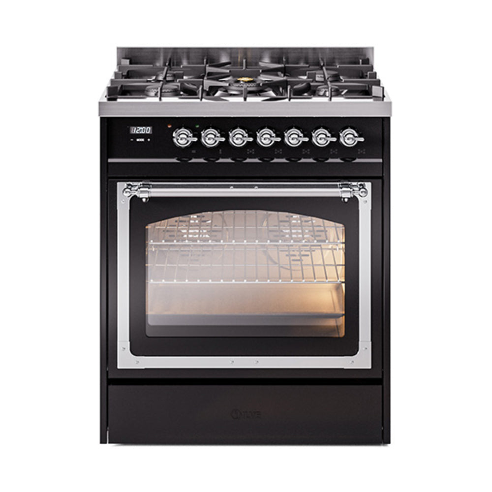 ILVE Nostalgie II Noblesse 30-Inch Natural Gas Dual Fuel Range with Triple Glass Door in Glossy Black with Chrome Trim (UN30NMPBKC)