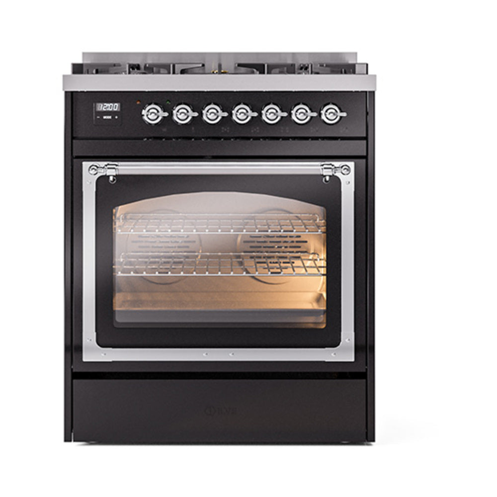 ILVE Nostalgie II Noblesse 30-Inch Propane Gas Dual Fuel Range with Triple Glass Door in Glossy Black with Chrome Trim (UN30NMPBKCLP)