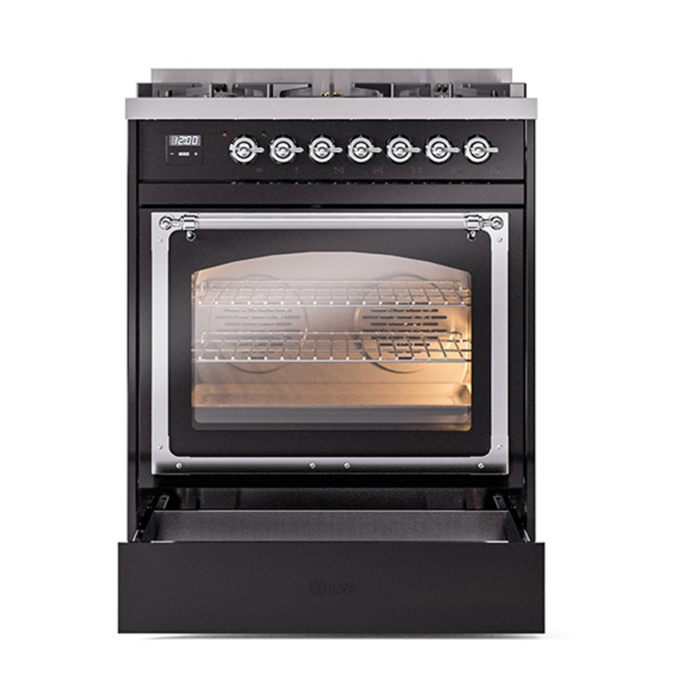 ILVE Nostalgie II Noblesse 30-Inch Propane Gas Dual Fuel Range with Triple Glass Door in Glossy Black with Chrome Trim (UN30NMPBKCLP)