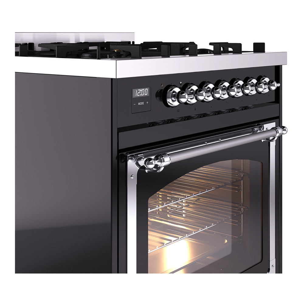 ILVE Nostalgie II Noblesse 30-Inch Natural Gas Dual Fuel Range with Triple Glass Door in Glossy Black with Chrome Trim (UN30NMPBKC)