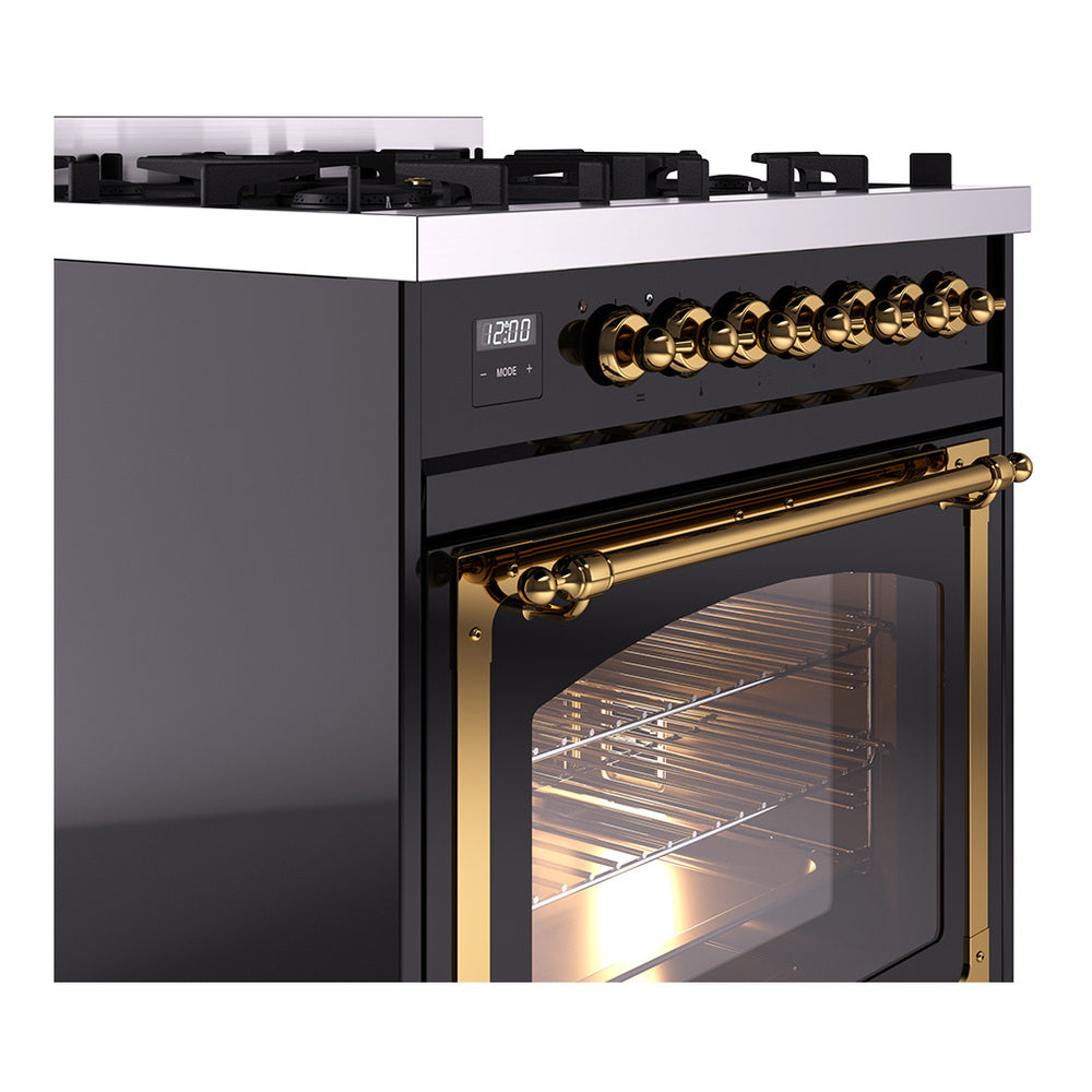ILVE Nostalgie II Noblesse 30-Inch Natural Gas Dual Fuel Range with Triple Glass Door in Glossy Black with Brass Trim (UN30NMPBKG)