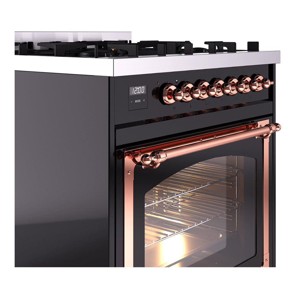 ILVE Nostalgie II Noblesse 30-Inch Propane Gas Dual Fuel Range with Triple Glass Door in Glossy Black with Copper Trim (UN30NMPBKPLP)