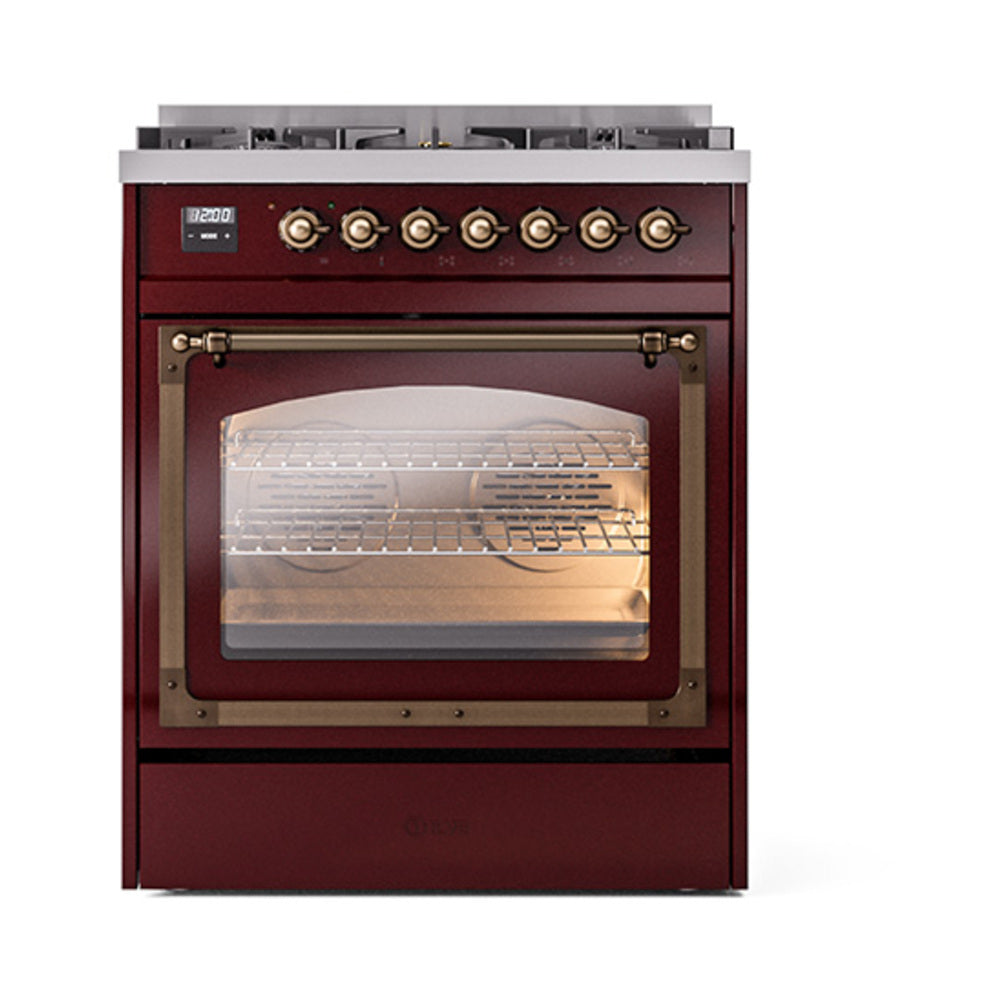 ILVE Nostalgie II Noblesse 30-Inch Natural Gas Dual Fuel Range with Triple Glass Door in Burgundy with Bronze Trim (UN30NMPBUB)