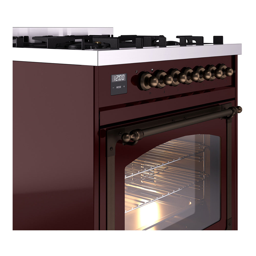 ILVE Nostalgie II Noblesse 30-Inch Natural Gas Dual Fuel Range with Triple Glass Door in Burgundy with Bronze Trim (UN30NMPBUB)