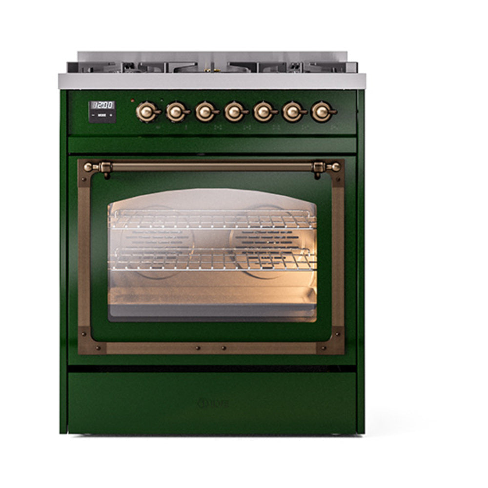 ILVE Nostalgie II Noblesse 30-Inch Natural Gas Dual Fuel Range with Triple Glass Door in Emerald Green with Bronze Trim (UN30NMPEGB)