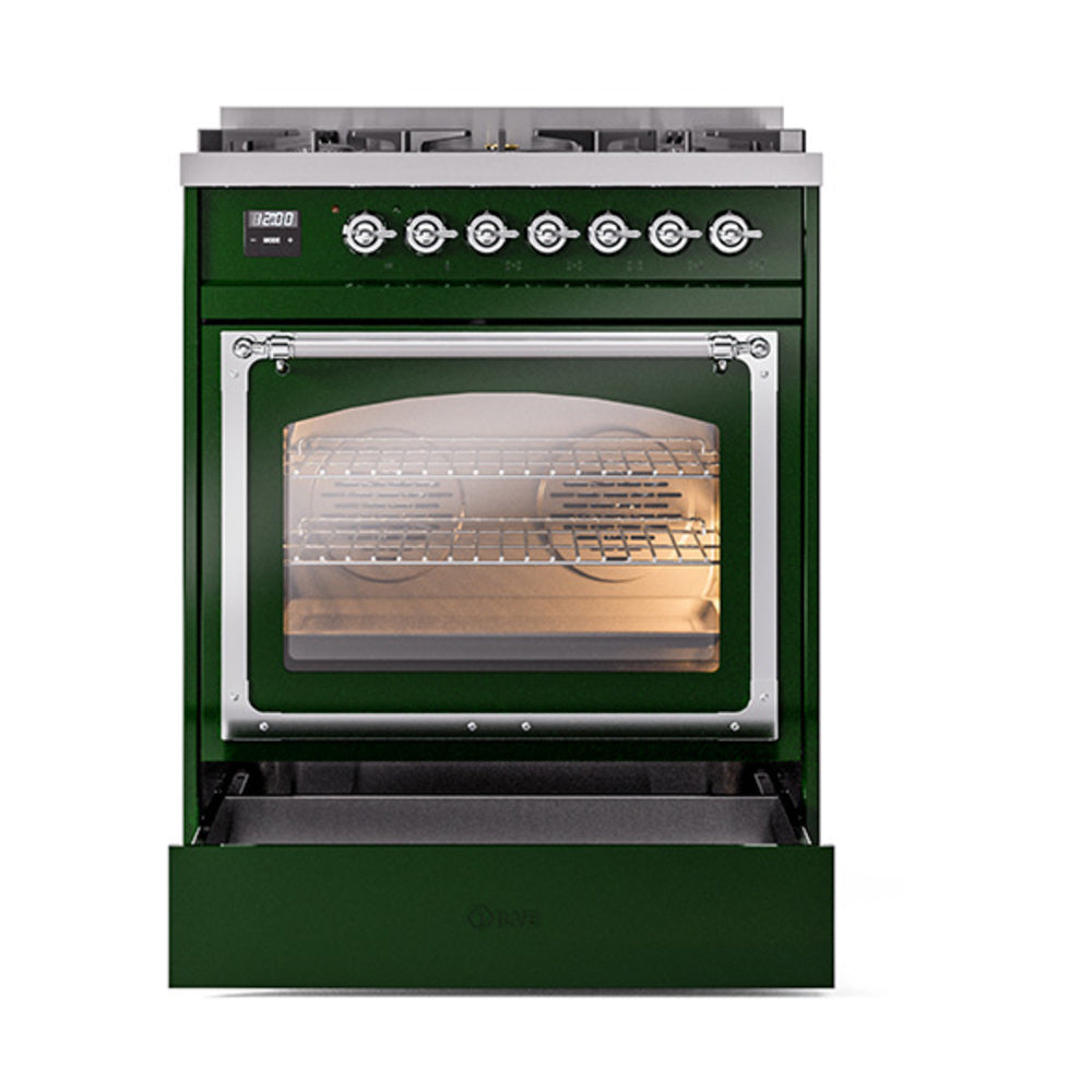 ILVE Nostalgie II Noblesse 30-Inch Natural Gas Dual Fuel Range with Triple Glass Door in Emerald Green with Chrome Trim (UN30NMPEGC)