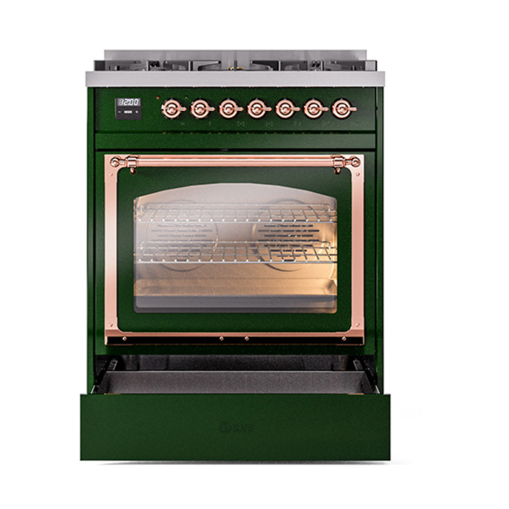 ILVE Nostalgie II Noblesse 30-Inch Natural Gas Dual Fuel Range with Triple Glass Door in Emerald Green with Copper Trim (UN30NMPEGP)