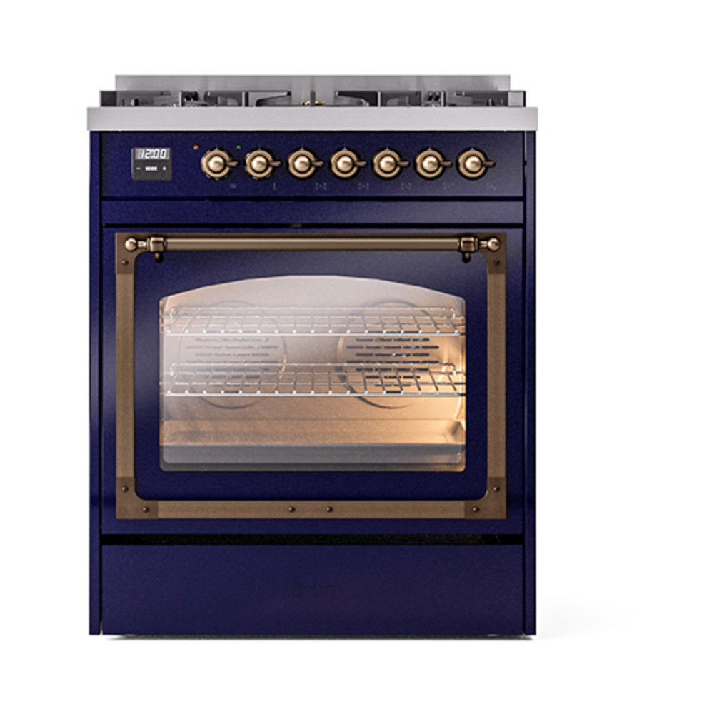 ILVE Nostalgie II Noblesse 30-Inch Natural Gas Dual Fuel Range with Triple Glass Door in Midnight Blue with Bronze Trim (UN30NMPMBB)