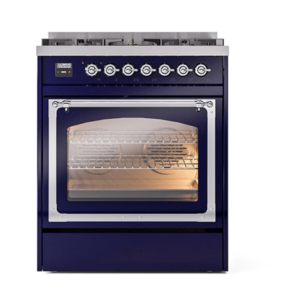 ILVE Nostalgie II Noblesse 30-Inch Natural Gas Dual Fuel Range with Triple Glass Door in Midnight Blue with Chrome Trim (UN30NMPMBC)