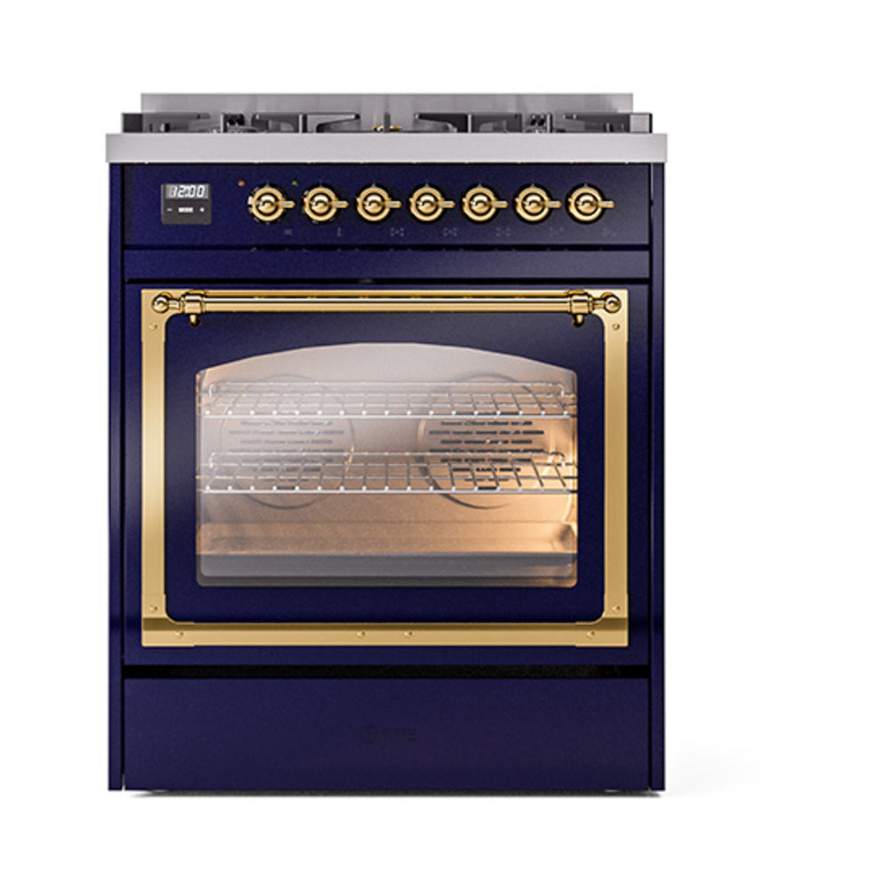 ILVE Nostalgie II Noblesse 30-Inch Propane Gas Dual Fuel Range with Triple Glass Door in Midnight Blue with Brass Trim (UN30NMPMBGLP)